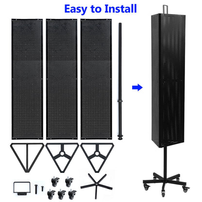 NectaCol Triangular Metal Pegboard Panels Display with Base and Pole, Black Pegboard Display Stand with Wheels, Jewelry Display Rack, Art Display Stand, Extra 20 pieces Hooks