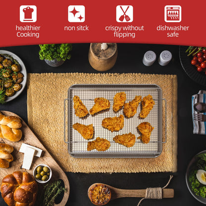 Air Fryer Basket for Oven with 50 Recipes, Extra Large 2 Piece Nonstick Crisper Tray & Basket, Stainless Steel Air Fryer Accessories for Crispy Foods Healthy Cooking, Dishwasher Safe, 16.5” x 12.5”