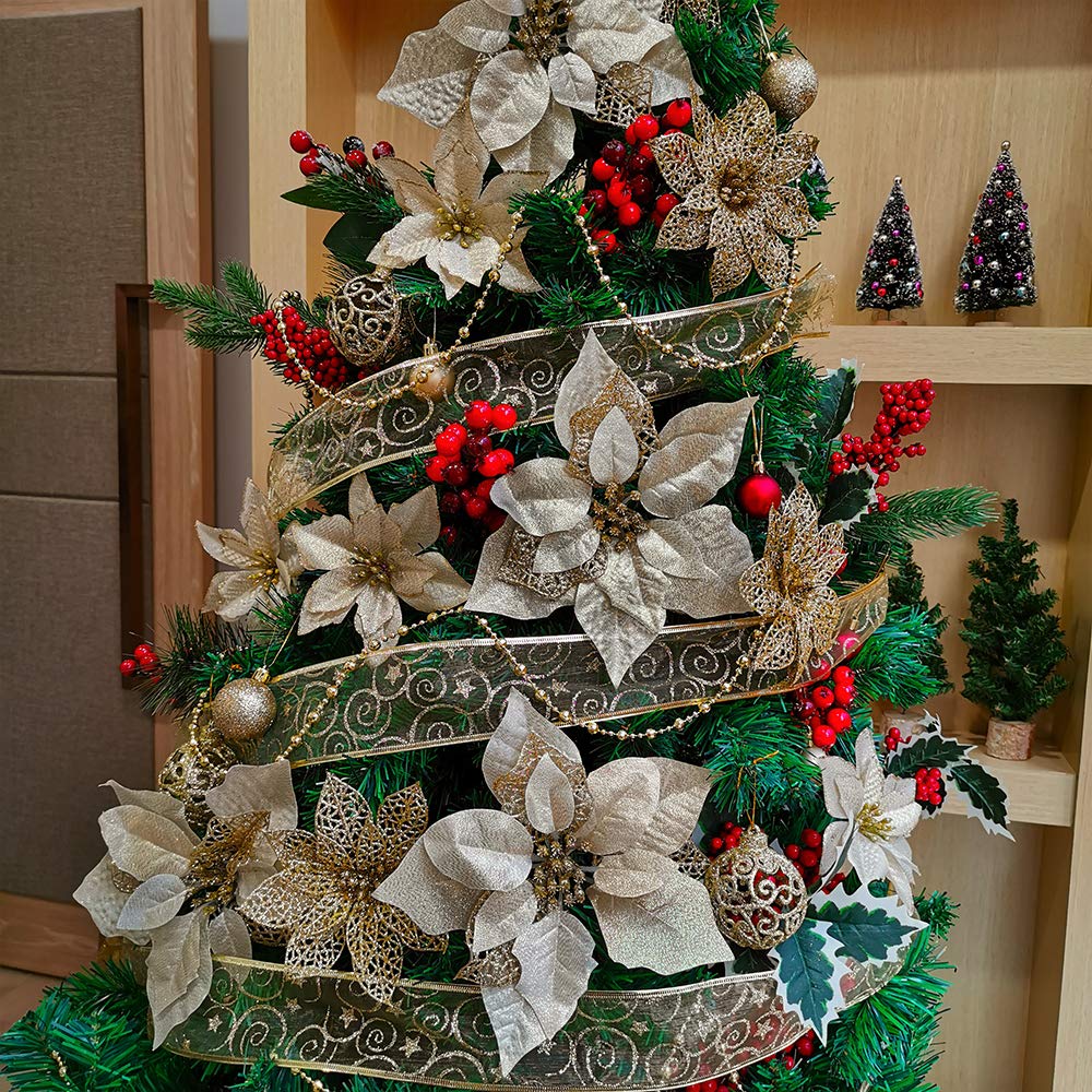 Winlyn 26 Set 3 Style Christmas Gold Glitter Poinsettia Flowers Picks Xmas Tree Ornaments and 20 Yards Decorative Gold Glittered Wired Ribbon for Christmas Tree Wreaths Garland Holiday Décor