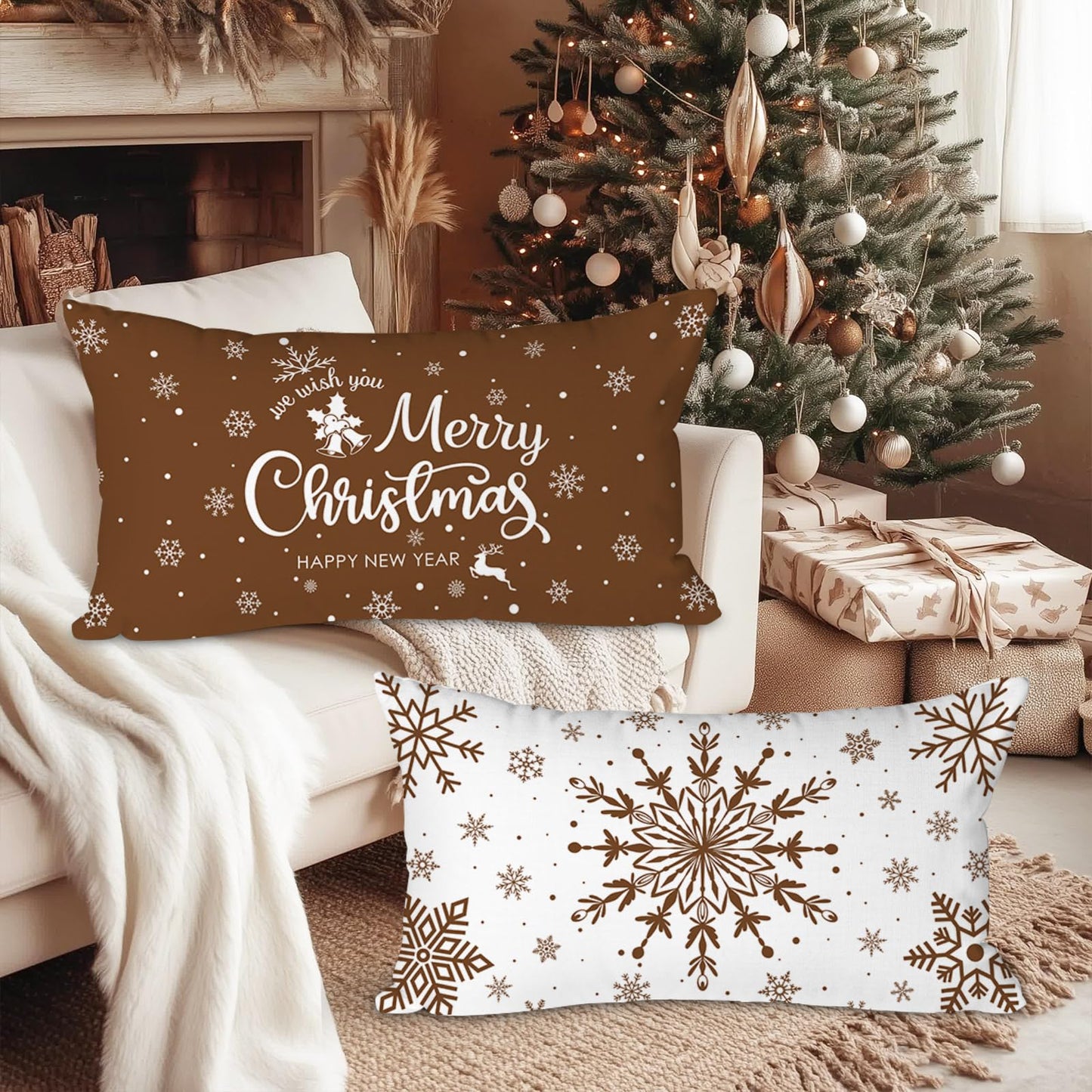 Lanpn Christmas Throw Pillow Covers 12x24 Set of 4, Merry Christmas Winter Xmas Snowflake Decorative Holiday Cushion Pillow Cases 12 x 24 for Outdoor Indoor Farmhouse Home Room Couch Decor (Brown)