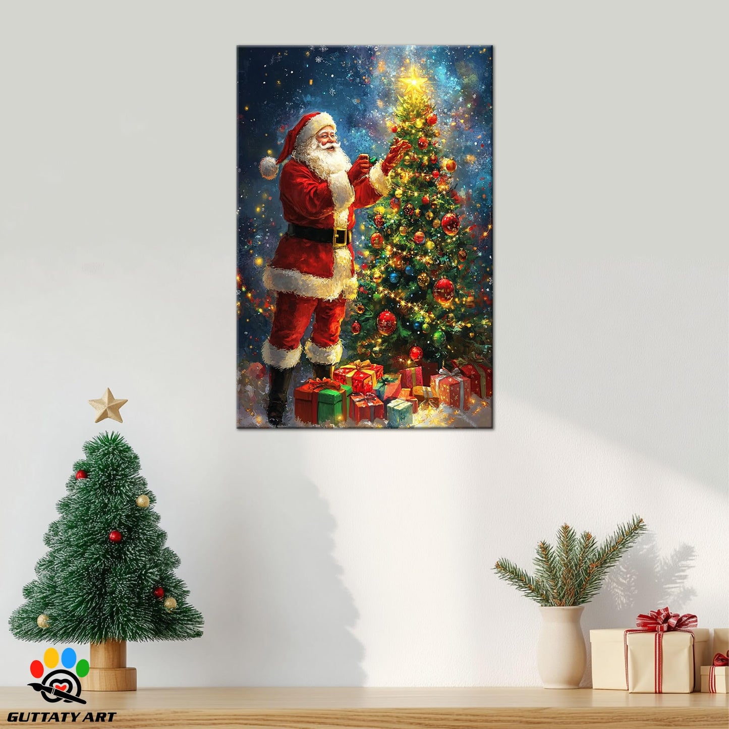 GUTTATY Christmas Canvas Wall Decor, Santa Canvas Wall Art, Lighted Christmas Tree Pictures Wall Decor, Christmas Theme Posters Framed, Xmas Canvas Artworks for Living Room 18x24 Inch