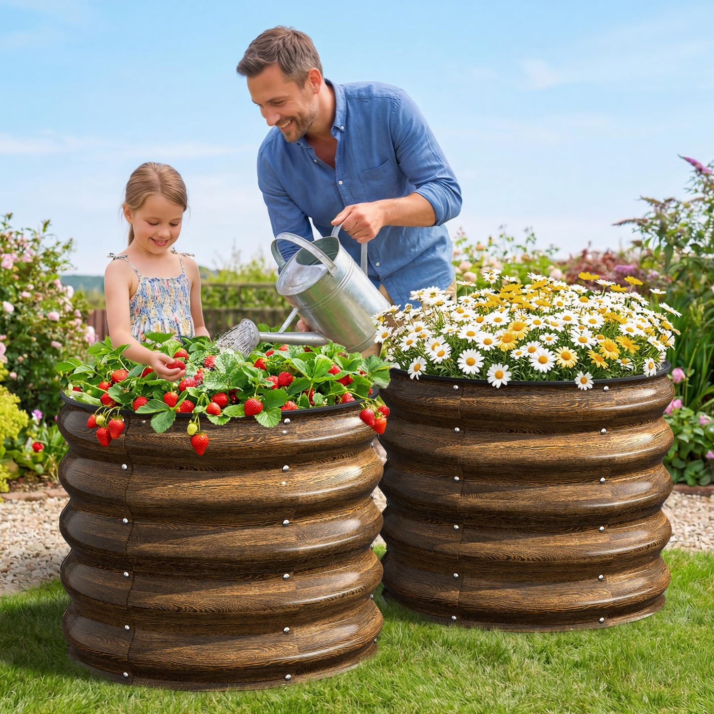 Kesfitt Round Metal Raised Garden Bed, 2x2x1.5 FT, 18-Inch Deep Galvanized Steel Garden Bed with Open Bottom for Outdoor Vegetables & Herbs, Walnut Finish, 2 Pack