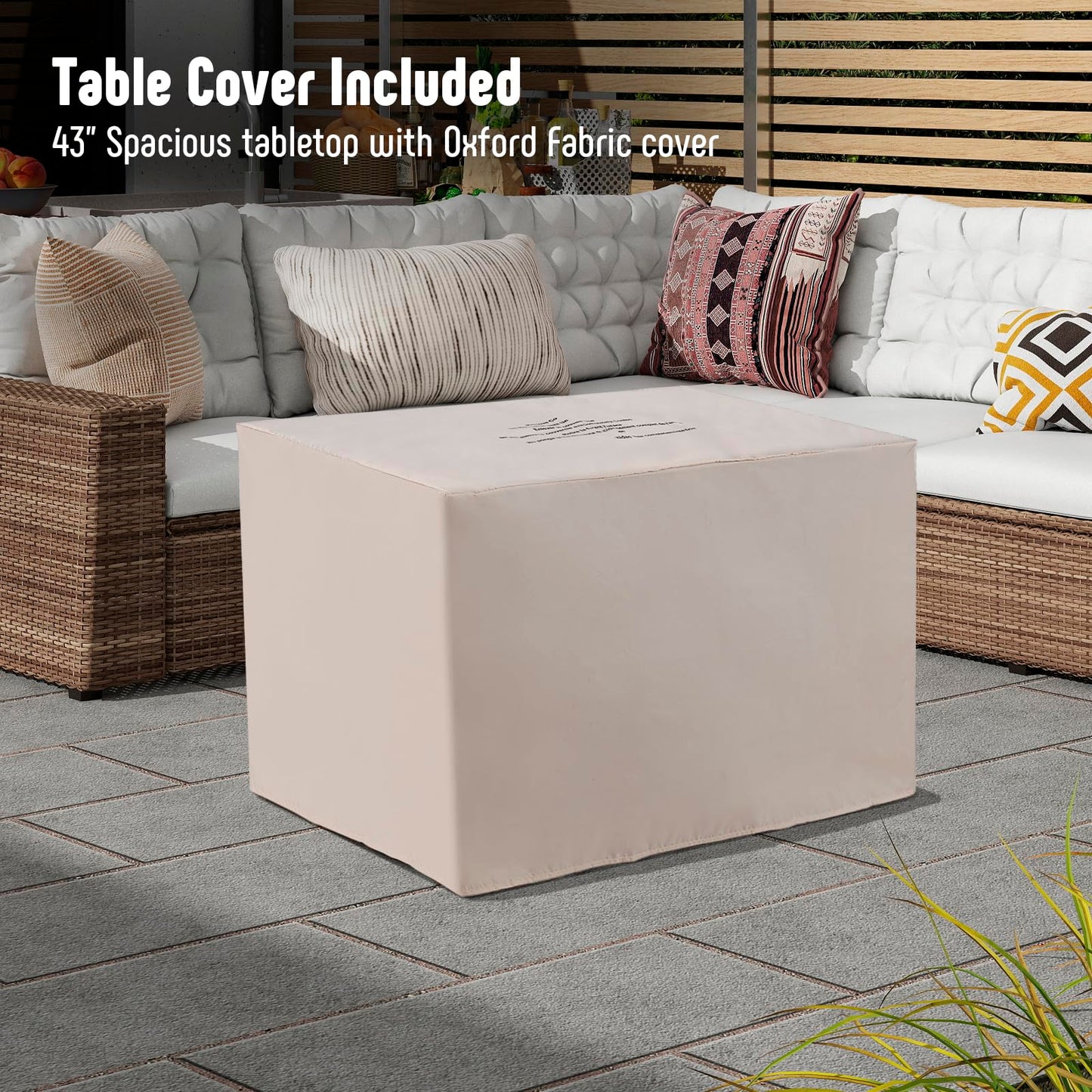 Werph 43" Propane Fire Pit Table with Rattan Fence, 50,000 BTU Gas Fire Pits for Outside Patio with Auto-Ignition, 2-in-1 Fire Table with Natural Lava Rock, Wind Guard& Removable Lid, Black