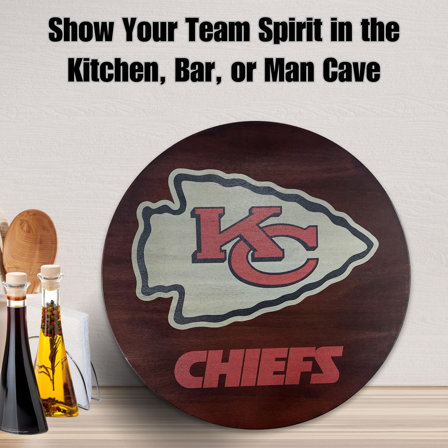 18” Wooden Lazy Susan - Kansas City Chiefs Logo by Fan Creations - Decorative Turntable Rack for Kitchen, Storage, Dining Buffet Tables - Tabletop Accessory for Game Day, Parties, Man Cave