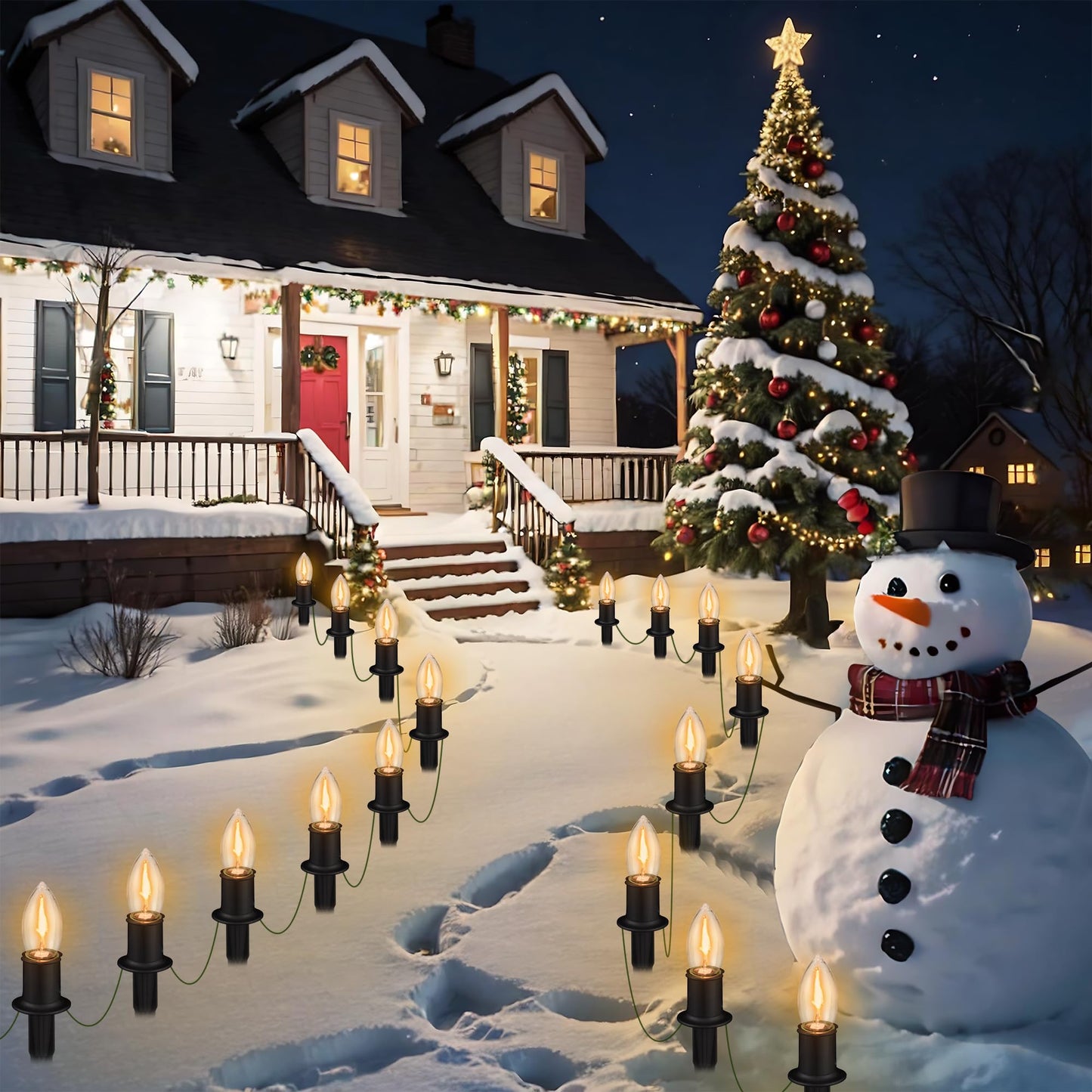 PerPaiMe C9 Christmas Pathway Lights Outdoor LED - 24.2 Feet String Lights with 20 Bulbs, Waterproof Christmas Path Lights with Stake for Yard, Garden, Lawn, Walkway, Driveway, Sidewalk, Warm White