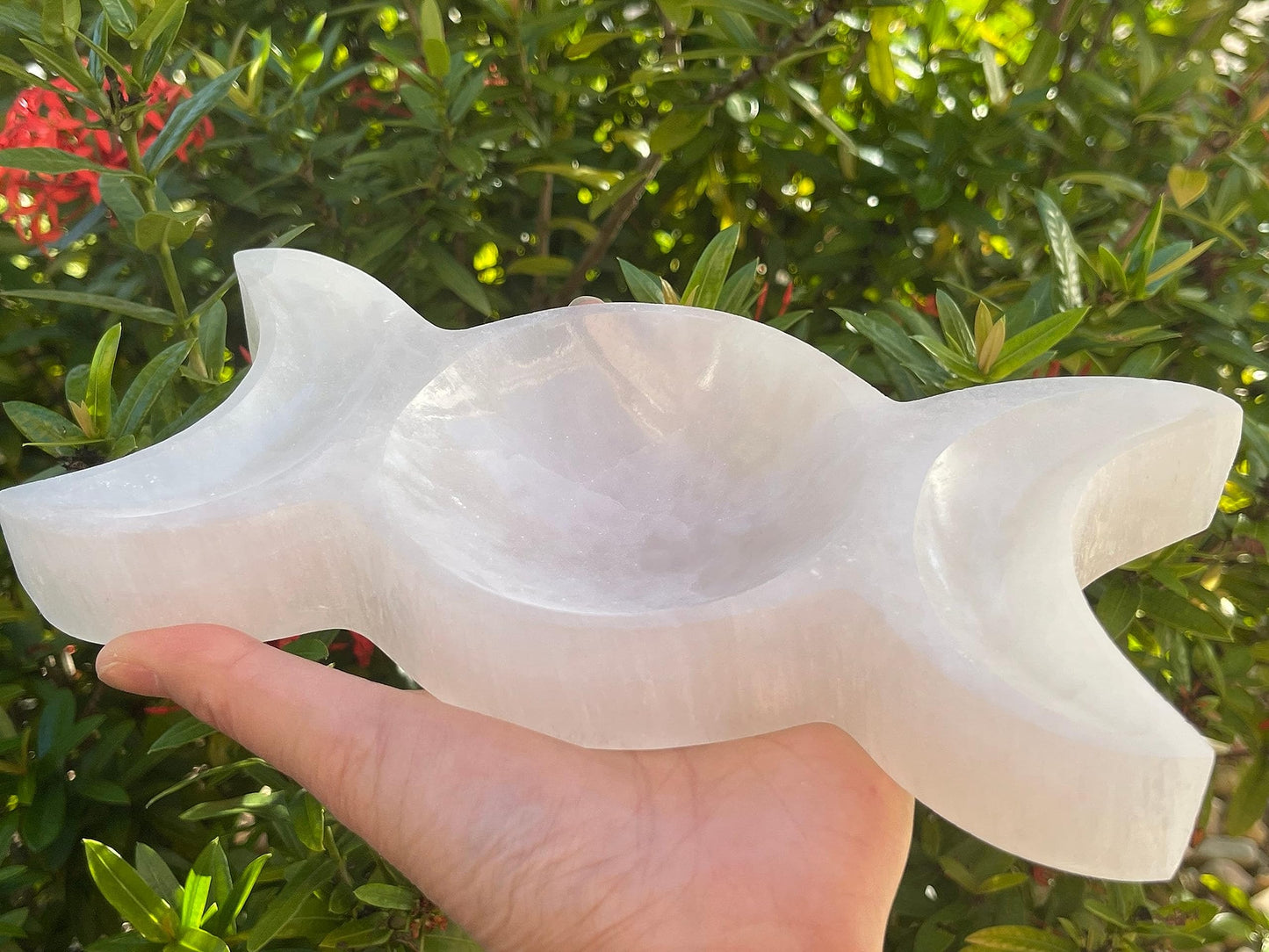 GAF TREASURES 8" Triple Moon Selenite Bowl, Gemstone Carved Selenite Crystal, Meditation Bowl, Reiki Bowl, Jewelry Holder, Crown Chakra, Cleansing, Charging, Healing