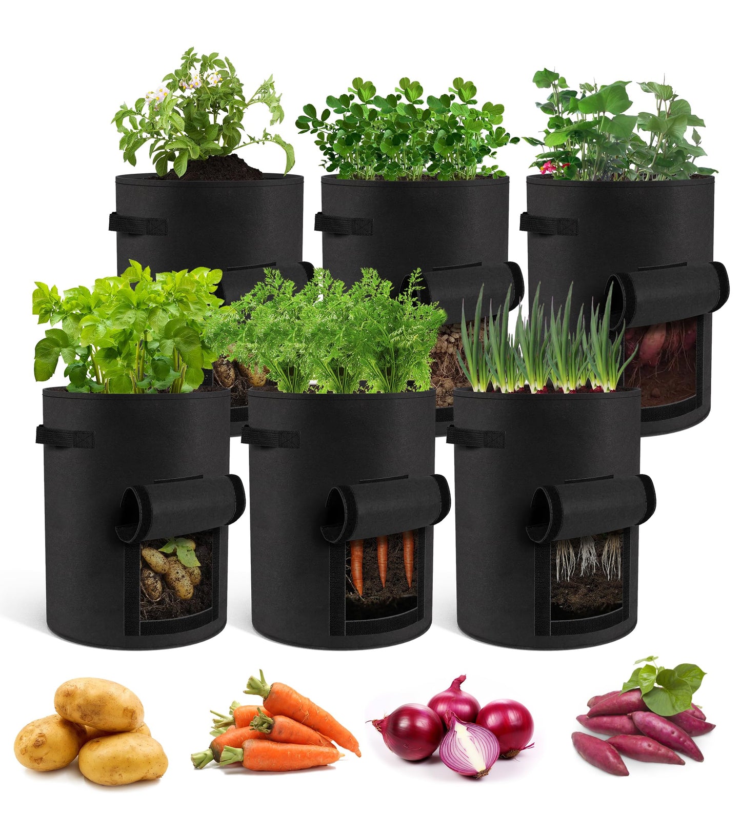 Moyios 6-Pack 15 Gallon Potato Grow Bags – Durable Nonwoven Fabric Planters with Reinforced Handles | Reusable Garden Containers for Potatoes, Vegetables (Black, 15 Gallons/6 Pack)