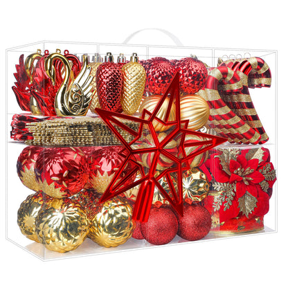 Alupssuc 128pcs Christmas Balls Ornaments Set, Shatterproof Plastic Baubles Christmas Flowers and Tree Topper for Xmas Tree Holiday Wedding Party Decorations with Hanging Strings, Red and Gold