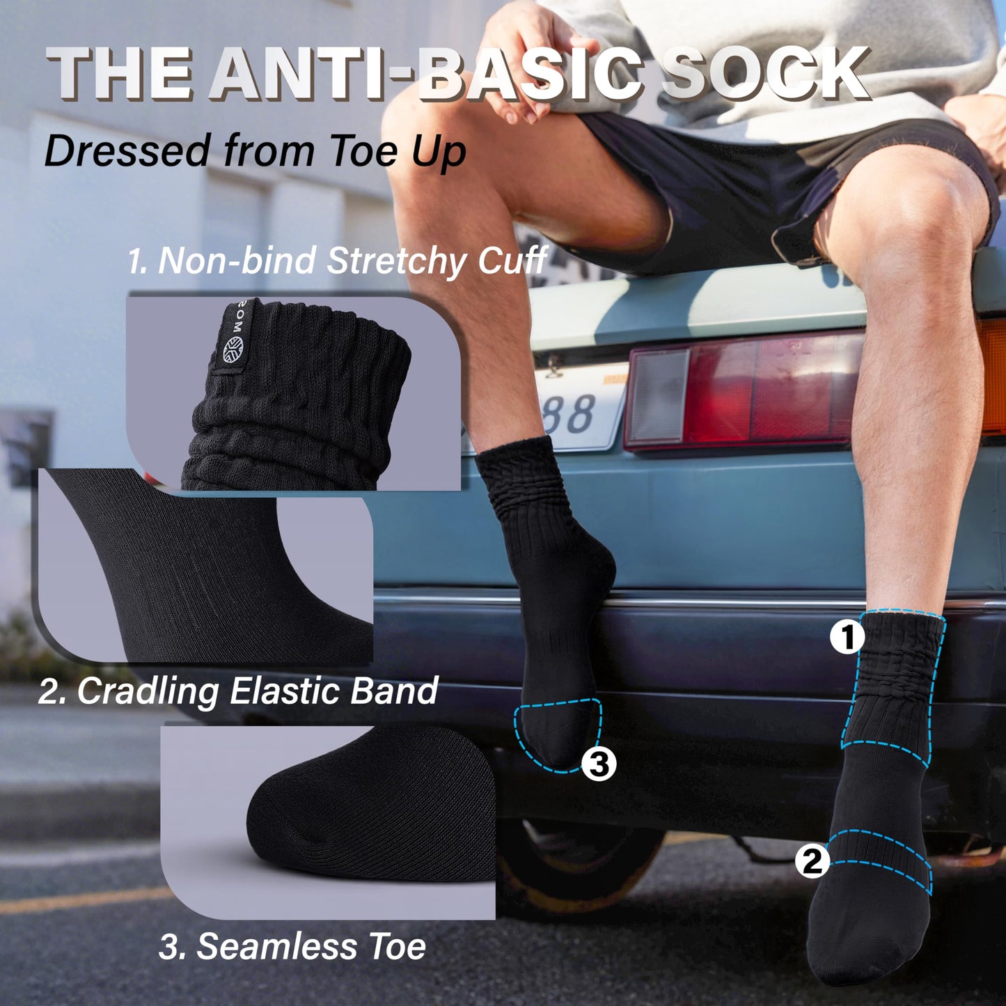 MOSEY KOSY Scrunch Cotton Socks, Slouch Calf Breathable Soft Socks for Women and Men, 4 Pairs (Black,M)