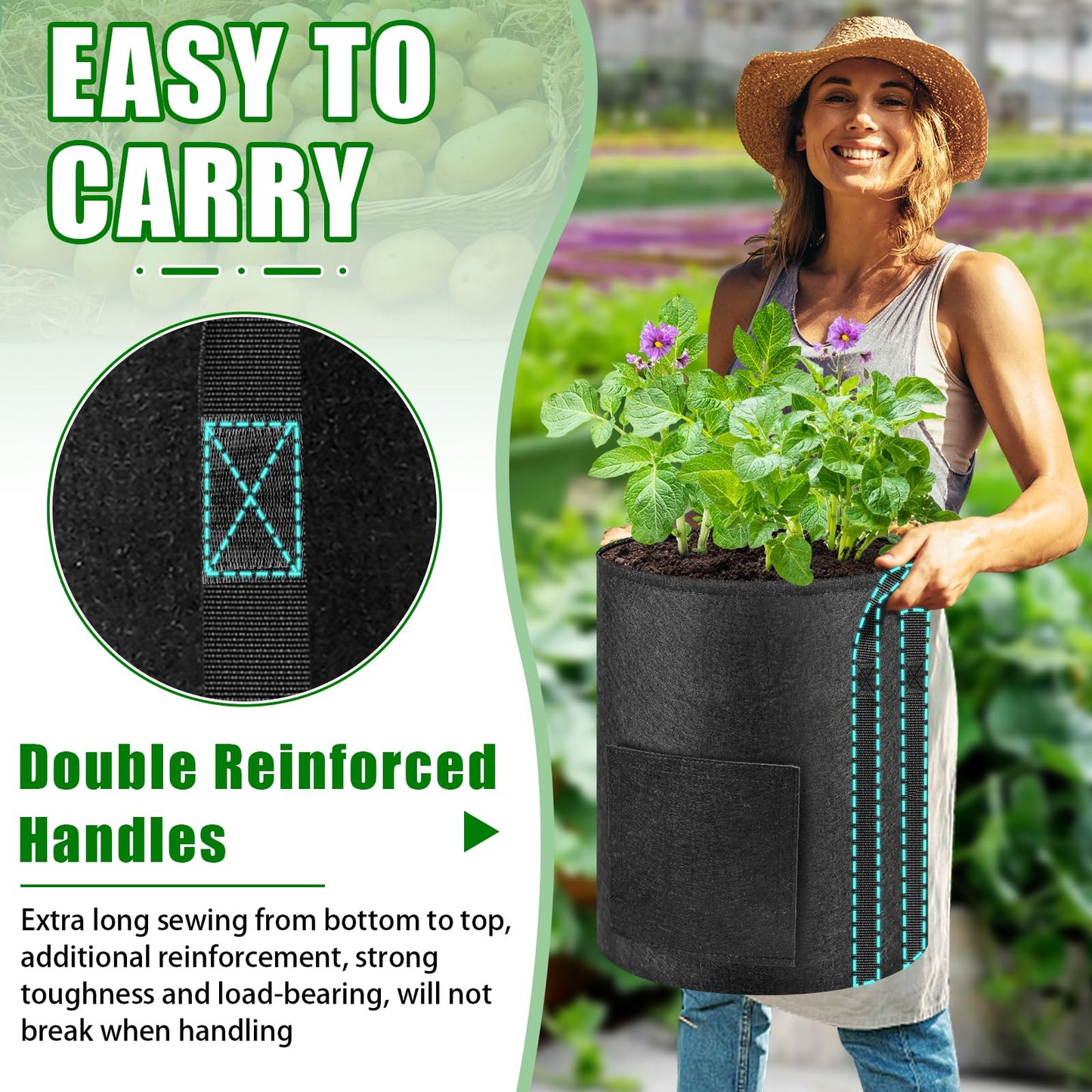 MJZ 3 Pack 15 Gallon Potato Grow Bags with Harvest Observation Windows, 380G Thickened Potato Bags for Growing Potatoes, Heavy Duty Nonwoven Fabric Garden Growing Containers to Grow Vegetable Tomatoes