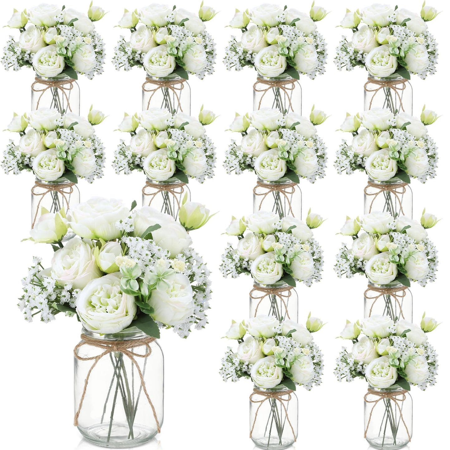 Zeyune 12 Sets Mason Jar Centerpiece Table Decorations, Artificial Peony Baby's Breath Flower Bouquets, Faux Flowers with Vase, Rustic Decor Gifts for Home, Wedding, Holiday (Green)