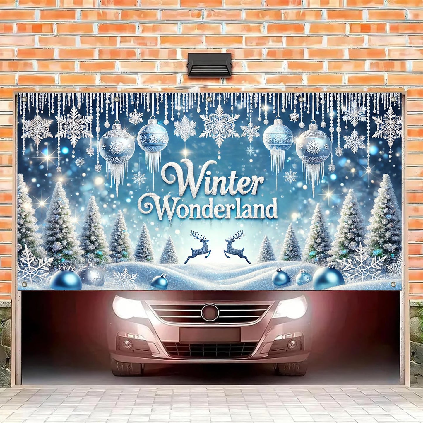 HOMETITUTE Winter Wonderland Garage Door Banner 13x6ft Snowy Landscape Decoration Frost Covered Trees Photo Prop Background for Peaceful Holiday Outdoor Festive Display Party Supplies