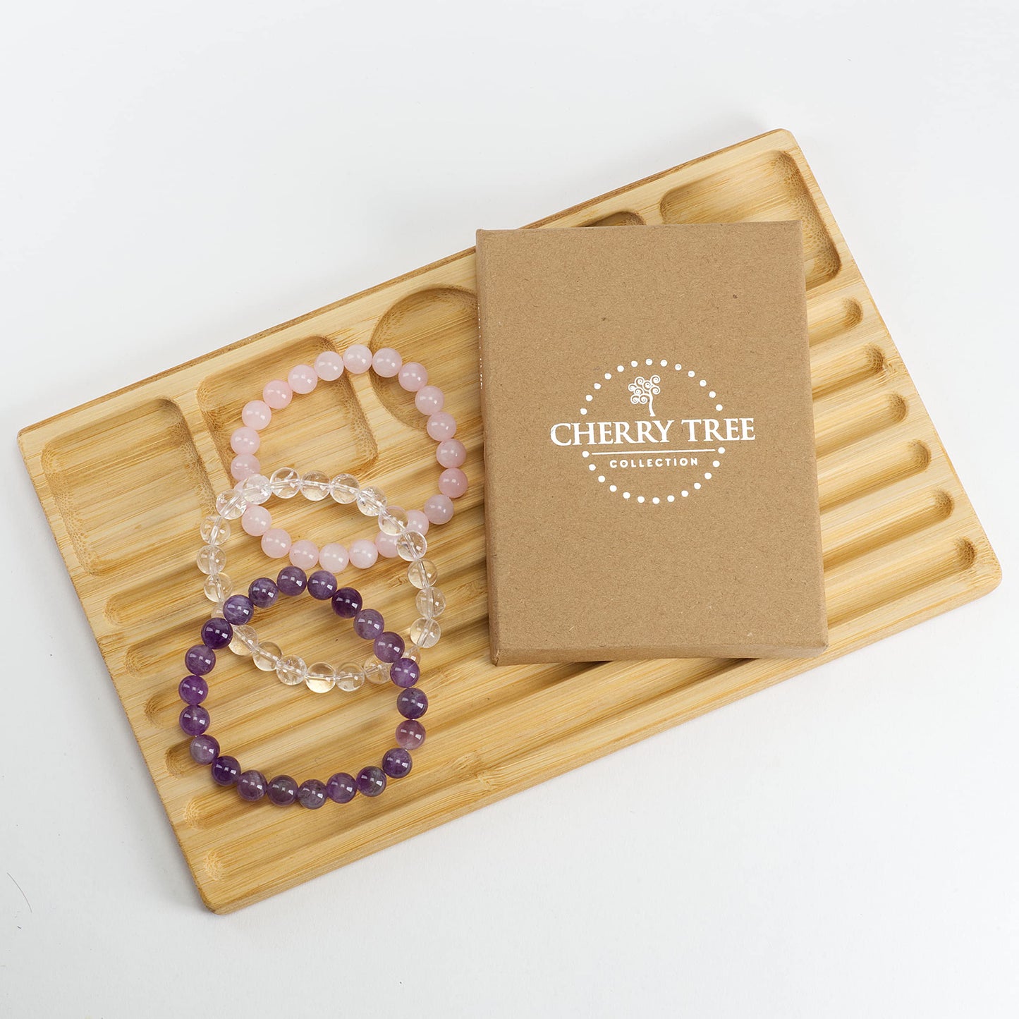Cherry Tree Collection Gemstone - Small, Medium, Large Sizes - 3 Beaded Bracelet Set With Gift Box - Bracelets For Men and Women - 8mm Beads (Health and Wellness - Large)
