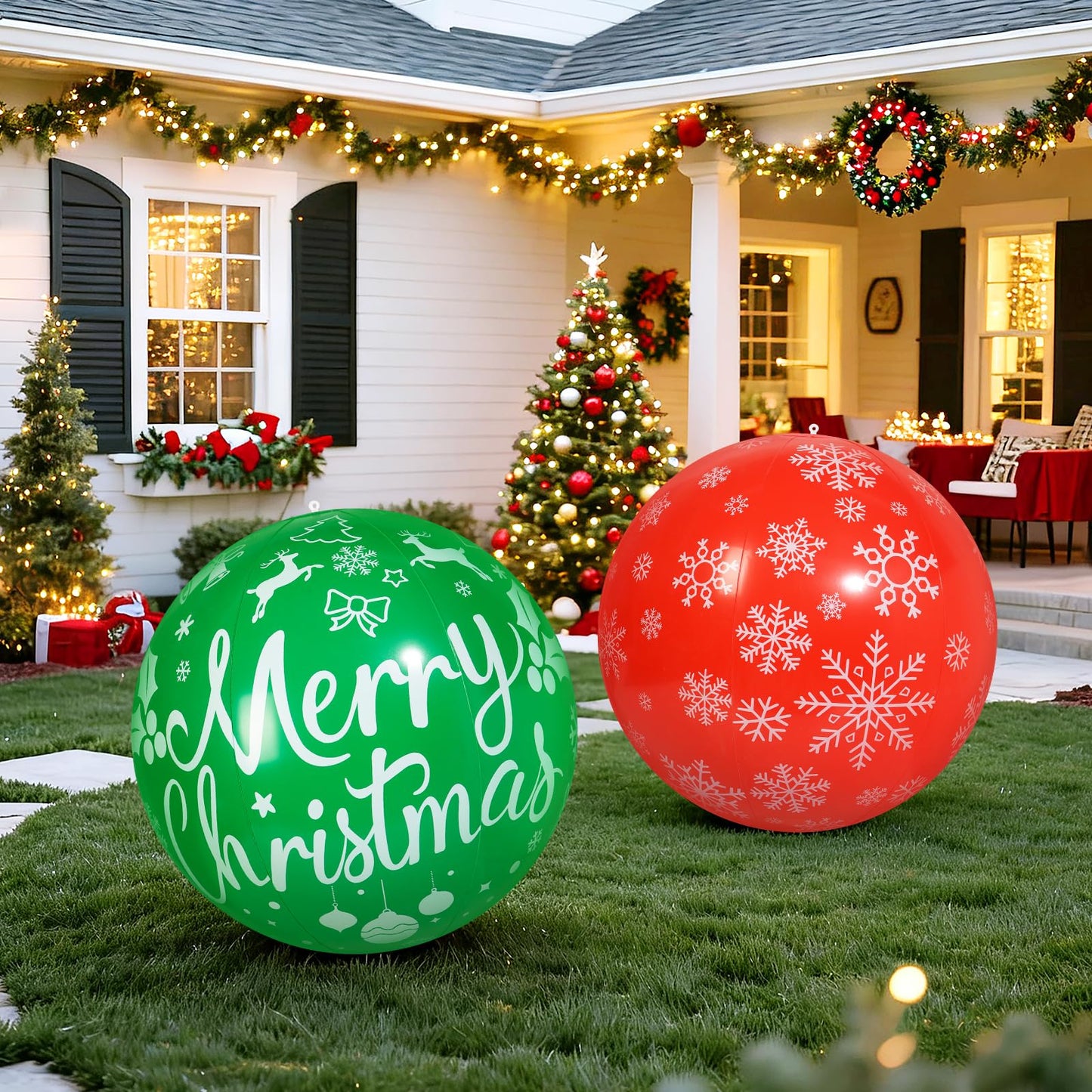 Wlicon 2 PCS 32 Inch Large Christmas Inflatable Balls Outdoor Inflatable Christmas Ball Ornaments for Xmas Garden Lawn Yard Holiday Front Door Window Decoration