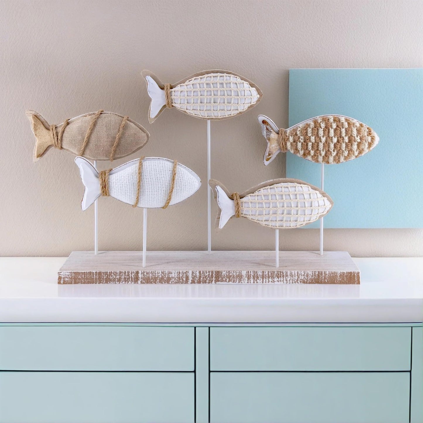 NAUTIMALL Wooden Fish Figurines with Jute Rope and Cotton String, Fish Sculpture Statues for Home Decoration, Table Top Nautical Decor for Living Room, Bedroom, Beachhouse Home Decor (JuteFish-5)