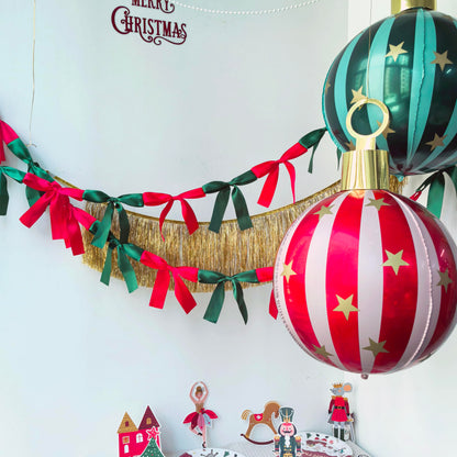 Eanjia Bow Knot Garland | 6ft Linking Satin Bow Banner with 3ft Extend Ribbon for Coquette Bachelorette Party, Baby Shower,Bridal Shower Wedding Baby Room Bed Decor (Red & Green, 6ft)