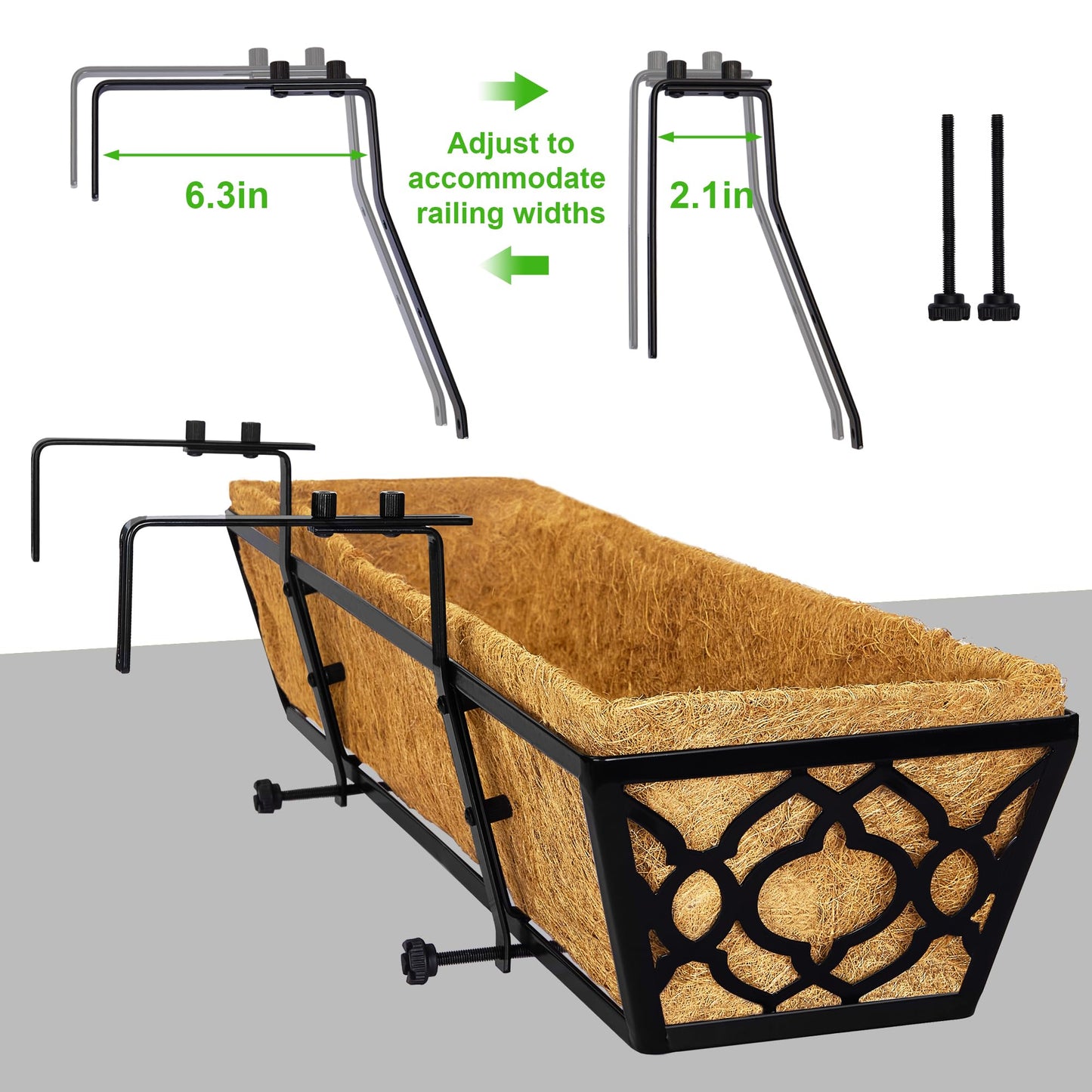 Y&M Railing Planter Boxes 24 Inch 2 Pack, Hanging Balcony Planter, Adjustable Deck Railing Planter Box, Metal Window Boxes Outdoor for Fence, Porch Flower Pots Holder