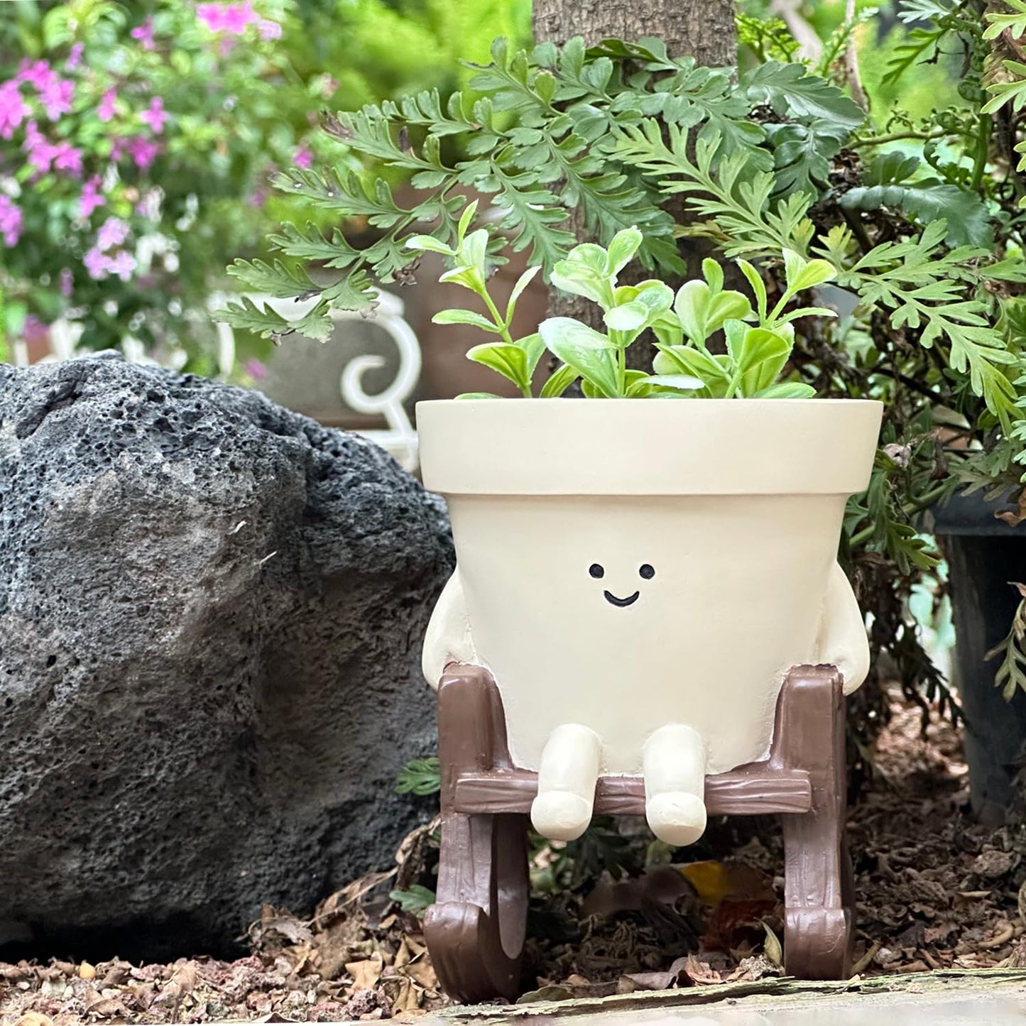 Cute Plant Pots Large Smily Face Planter Pot Resin Flower Head Planters for Indoor Outdoor Plants Unique Sit Rocking Chair Succulent Pot with Drainage Hole Best Gift for Mother and Plant Lovers