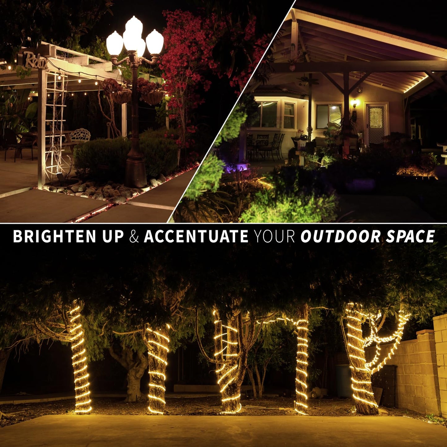 WYZworks 576LEDs, 50ft LED Outside Rope Lights, Waterproof Permanent Outdoor ETL Certified Connectable Clear Tube, Christmas Palm Tree Holiday Decorative Landscape Patio Accent Lighting - Warm White