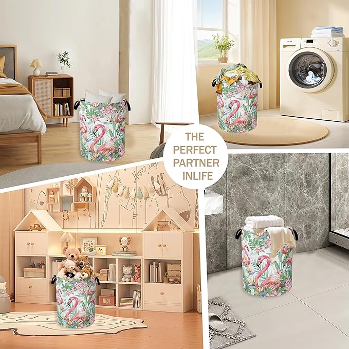 Watercolor Flamingo Laundry Hamper, Tropical Flower Leaves Clothes Hamper