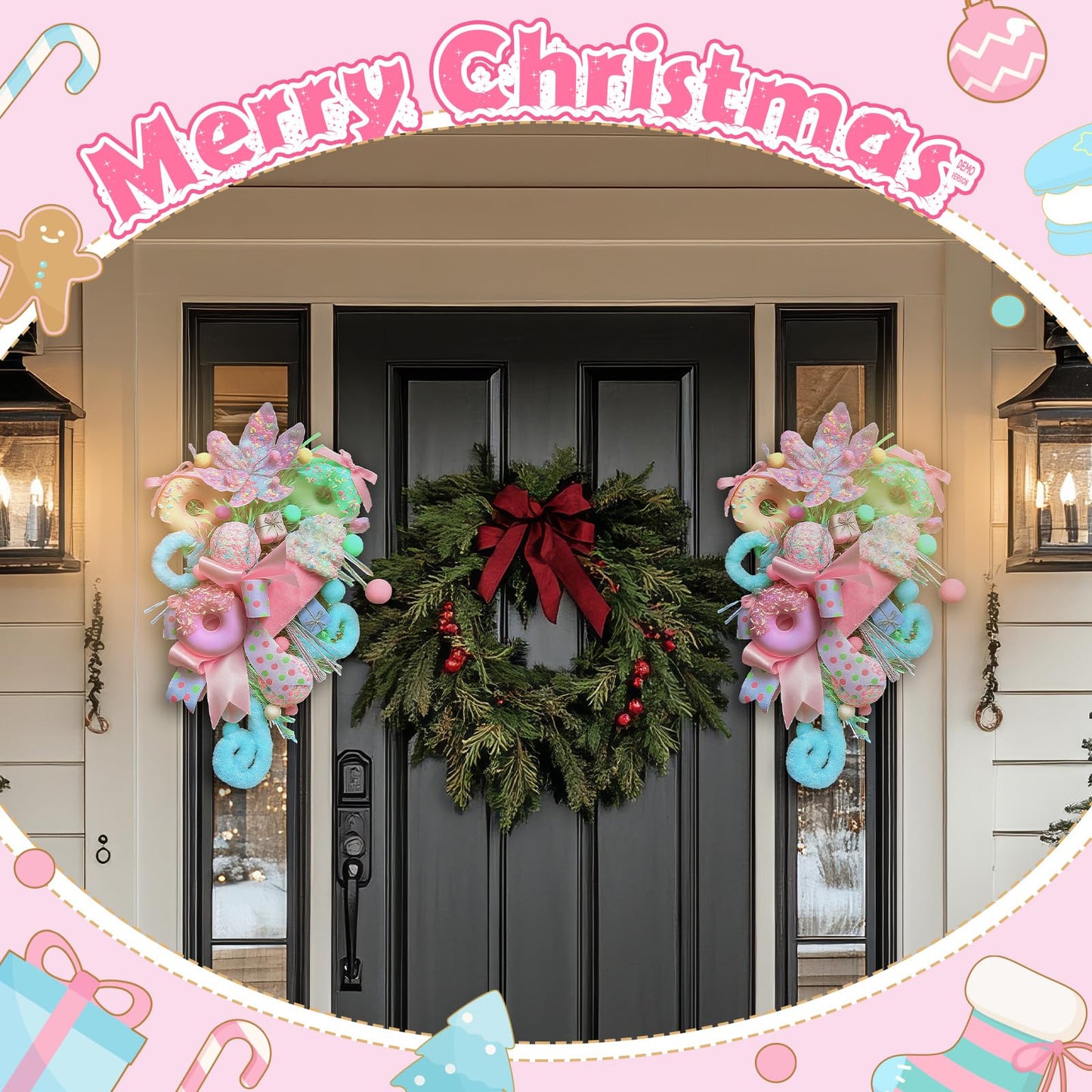 Retrowavy 18 Inch Pastel Christmas Teardrop Swag Decoration Xmas Candy Cane Tear Drop Swags Wreath with Ribbon Lollipop Sweet Donut Ice Cream Cake Curly Stem for Front Door Wall Fireplace Holiday