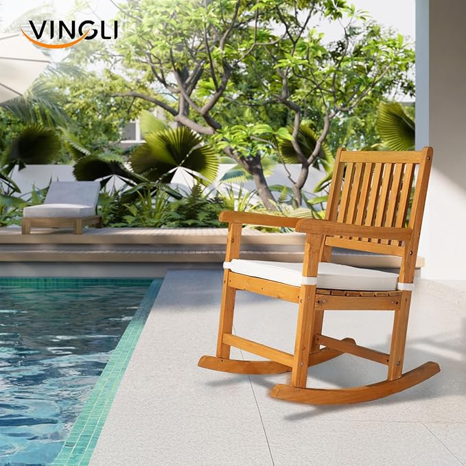 VINGLI Outdoor Rocking Chair, Weatherproof Rocker with Cushion, Wooden Rocking Bench Support 550 LBS for Patio, Yard, Garden, Outdoor or Indoors, Teak