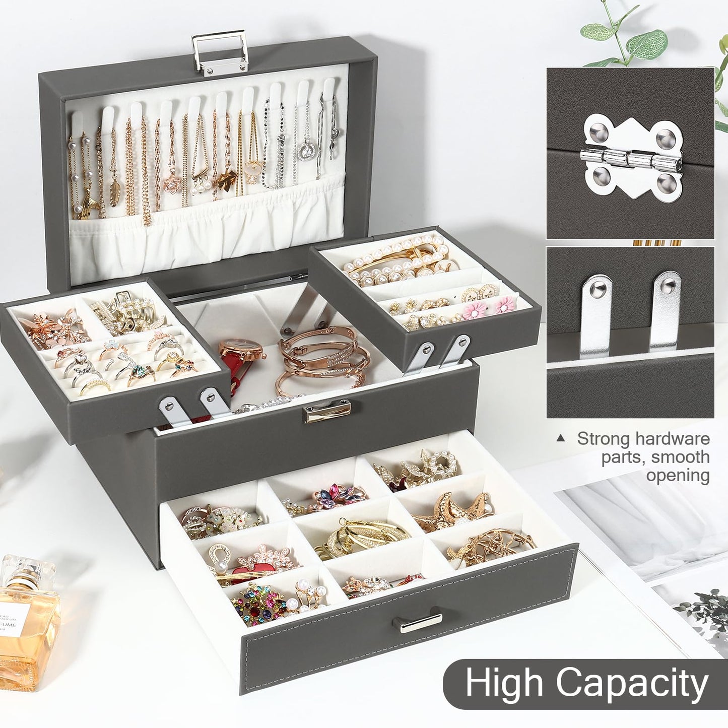 Jewellery Box Organiser, 3 Layer PU Leather Jewellery Case, Large Jewellery Organiser with Drawer, Jewellery Storage Case for Necklaces Earrings Bracelets and Rings, Grey