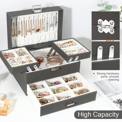Jewellery Box Organiser, 3 Layer PU Leather Jewellery Case, Large Jewellery Organiser with Drawer, Jewellery Storage Case for Necklaces Earrings Bracelets and Rings, Grey