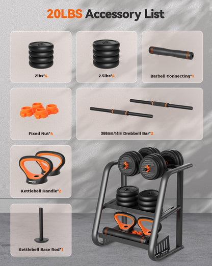 FEIERDUN Adjustable Dumbbells, 20lbs Free Weight Set with Connector, 4 in1 Dumbbells Set Used as Barbell, Kettlebells, Push up Stand, Fitness Exercises for Home Gym Suitable Men/Women