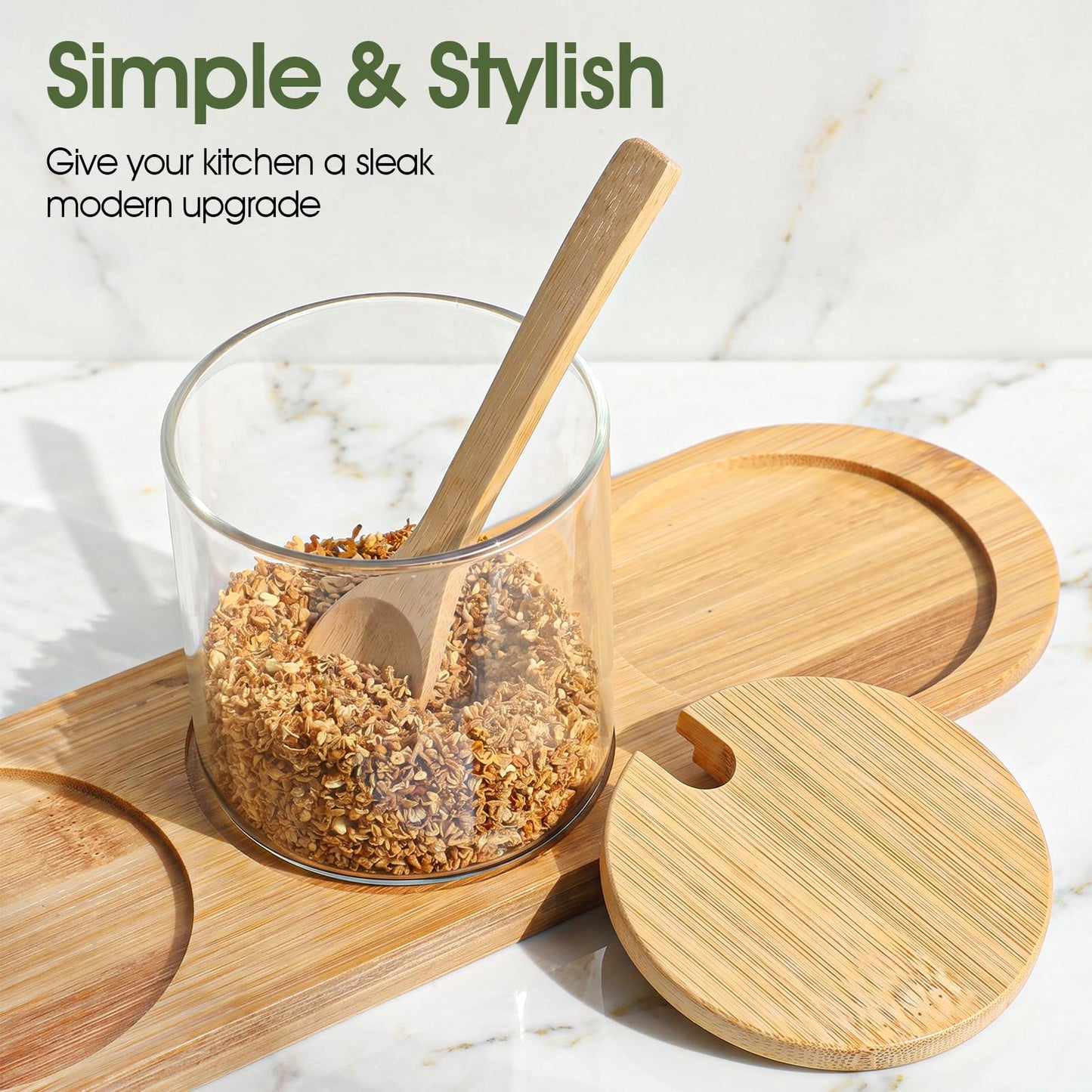 2 Pcs Salt and Sugar Container Sets, Condiment Containers with Lids, Square Glass Jar with Bamboo Lid & Spoon, 12 Oz Glass Pantry Storage Containers for Kitchen, Coffee, Tea, Candy, Spice Organization