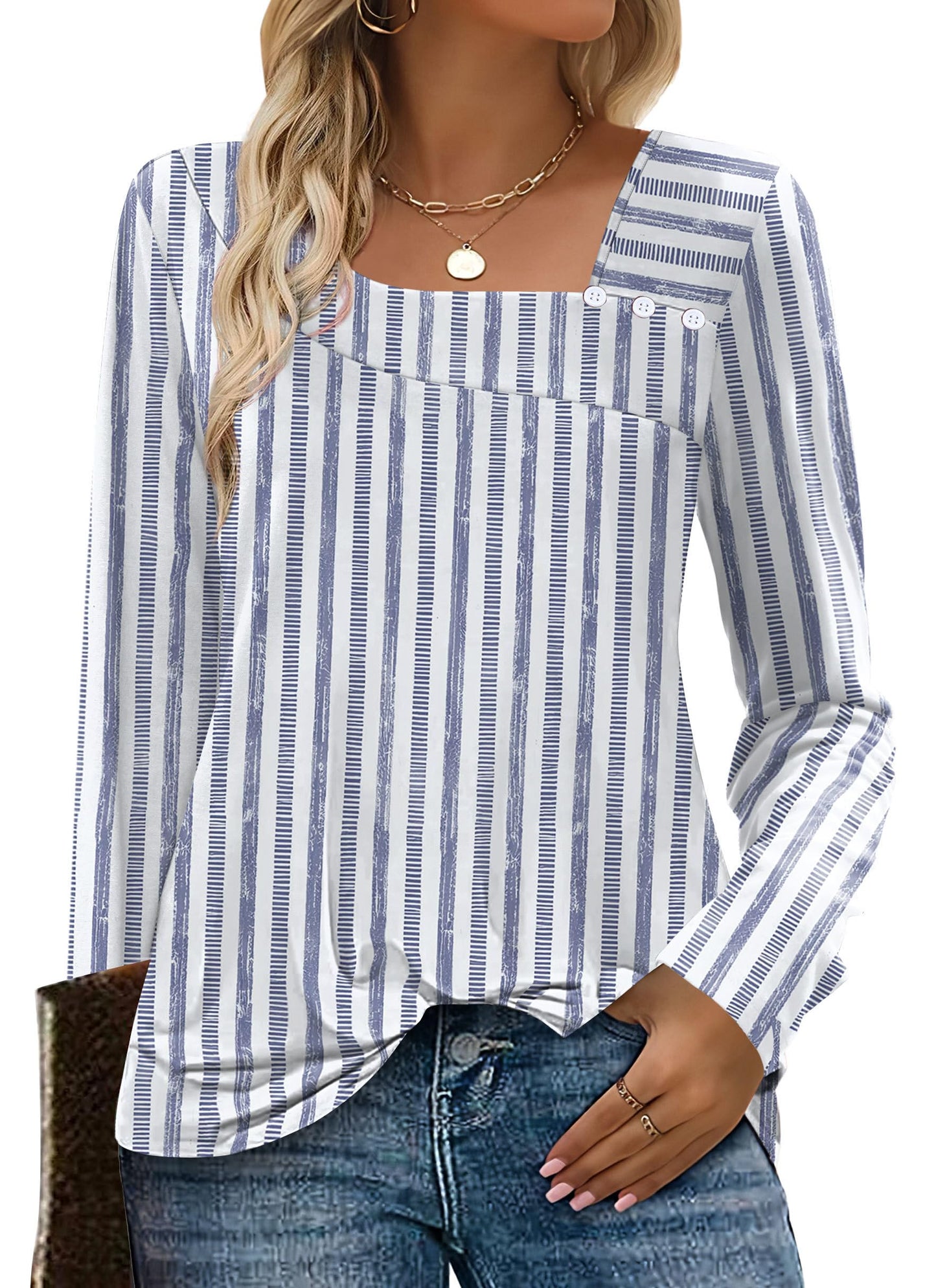 OFEEFAN Long Sleeve Shirts for Women Fall Clothes Asymmetric Square Neck Tunic Tops Decorative Buttons
