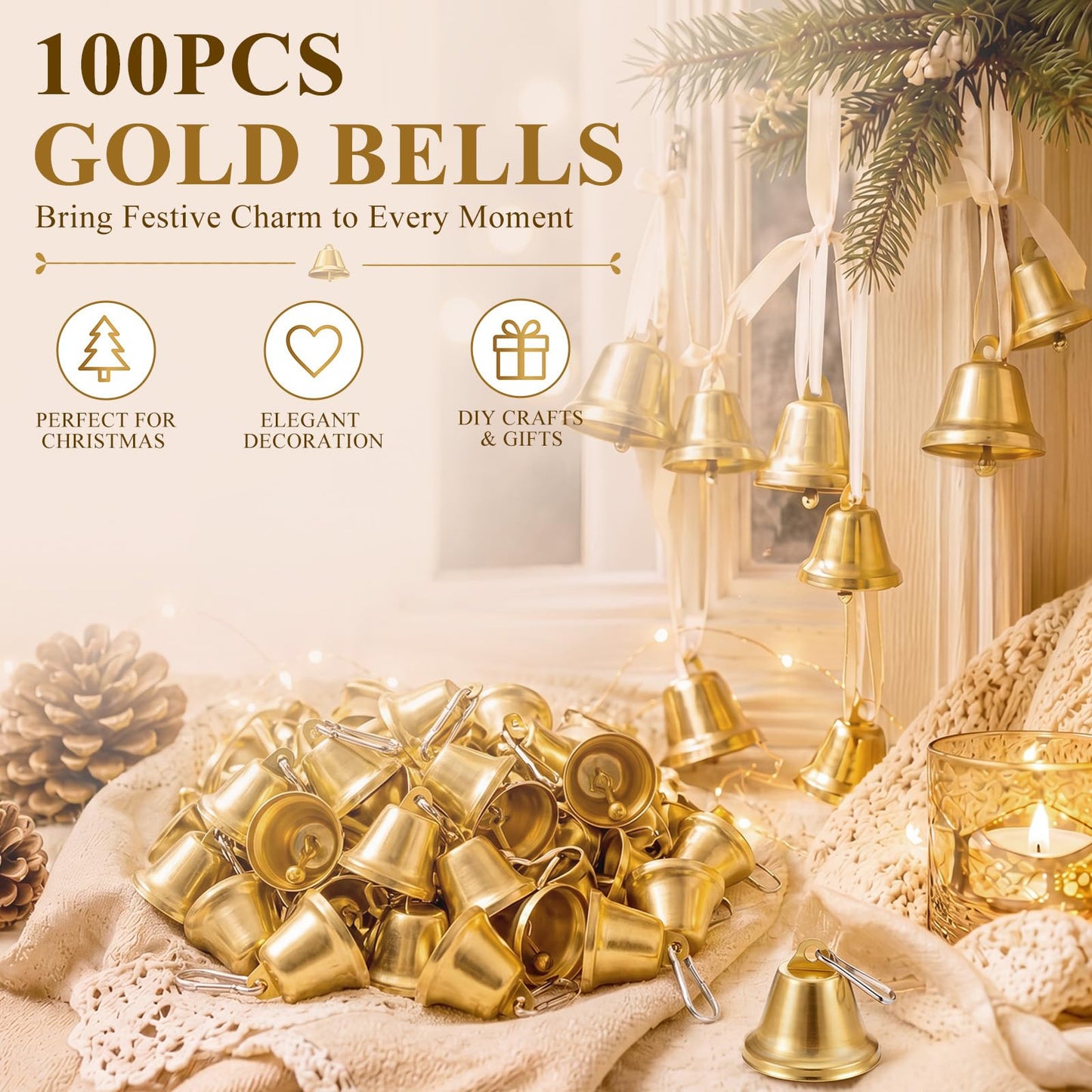 Shimeyao 100 Pieces Gold Bells 1.5 x 1.57 Inch Ornament Small Bells with Spring Hooks for Craft Wind Chimes Dog Potty Training Doorbell Wedding Decor Craft Making Hanging Favor