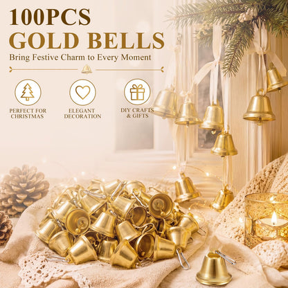 Shimeyao 100 Pieces Gold Bells 1.5 x 1.57 Inch Ornament Small Bells with Spring Hooks for Craft Wind Chimes Dog Potty Training Doorbell Wedding Decor Craft Making Hanging Favor