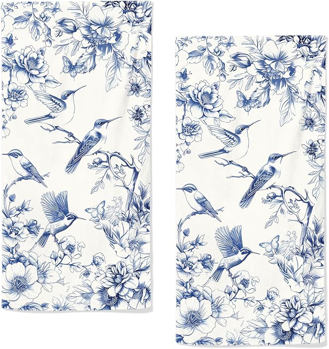 Blue Floral Hand Towels for Bathroom Humingbird Kitchen Towels Watercolor