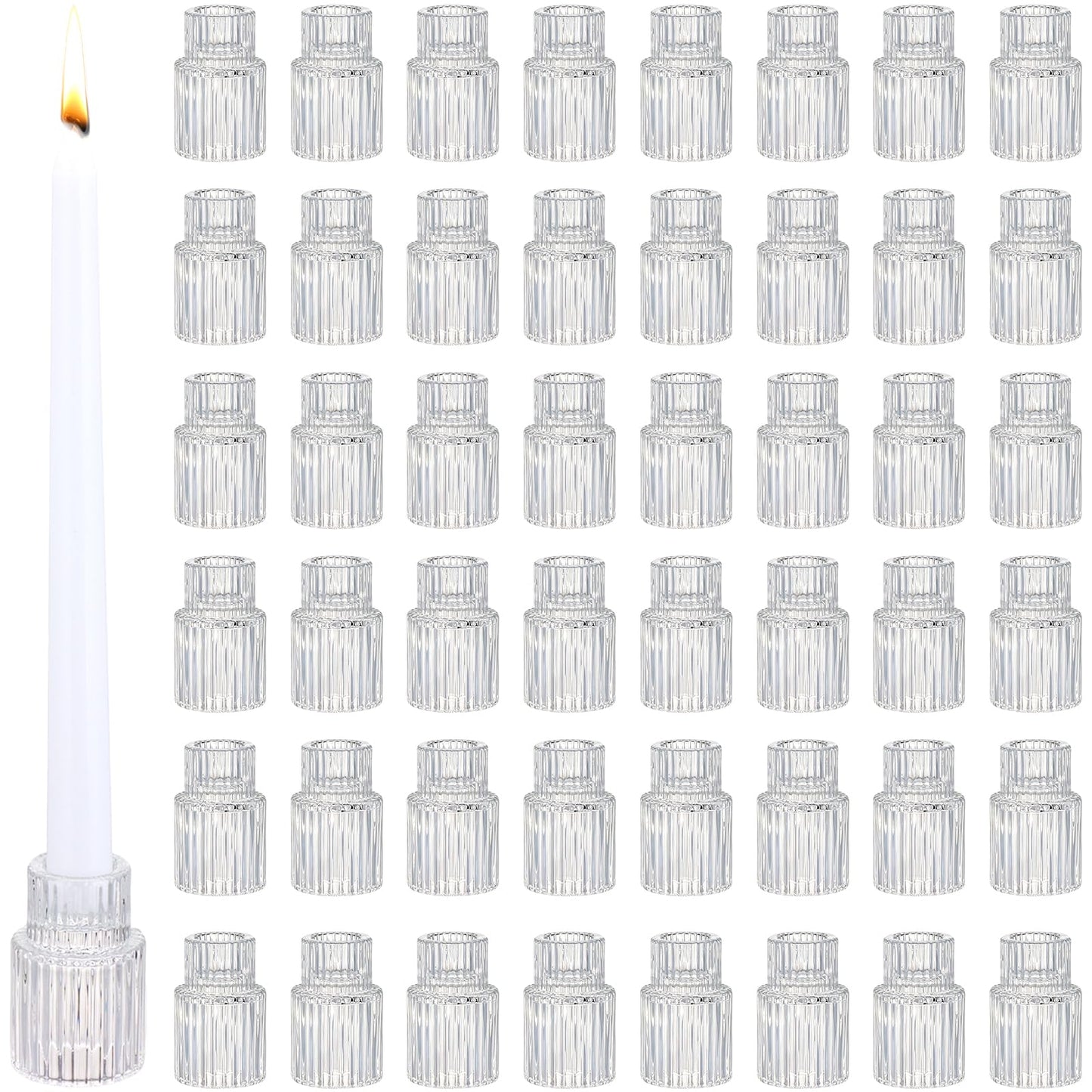 48 PCS Glass Taper Candle Holders Bulk Crystal Candlestick Holders Clear Ribbed Tapered Candle Stick Holder Decor Set for Table Centerpiece Wedding Party Advent Christmas Home Decoration (48, Clear)