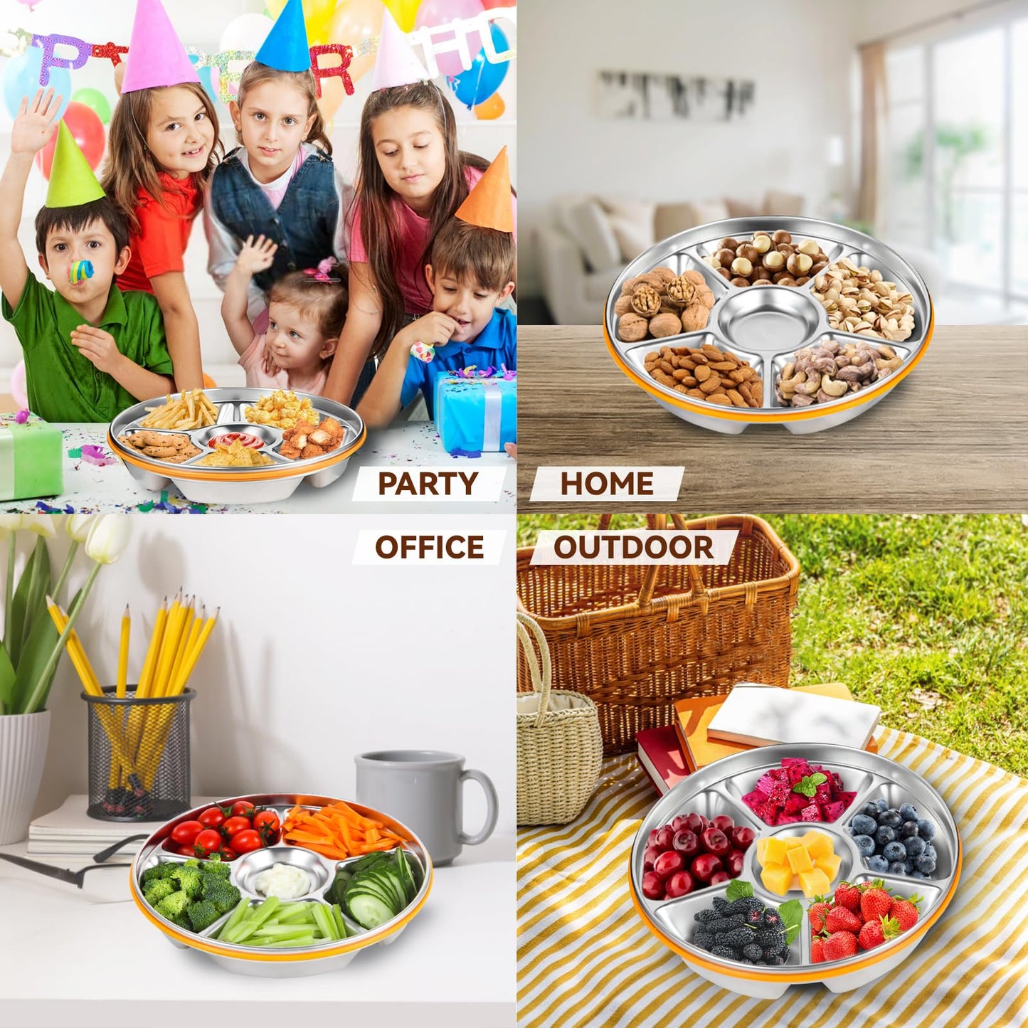 Motith 6-Compartment Stainless Steel Serving Tray with Lid - 10-inch Divided Snack/Vegetable/Fruit Tray for Christmas Parties, Snackle Box & Platter Container