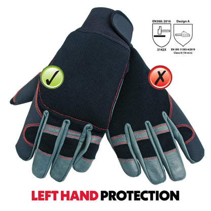 Oregon Chainsaw Gloves, 4 Way Stretch PPE Clothing, Pair of Professional Chainsaw Protective Gloves, Leather, Black – Large (Size 10) (‎295395)