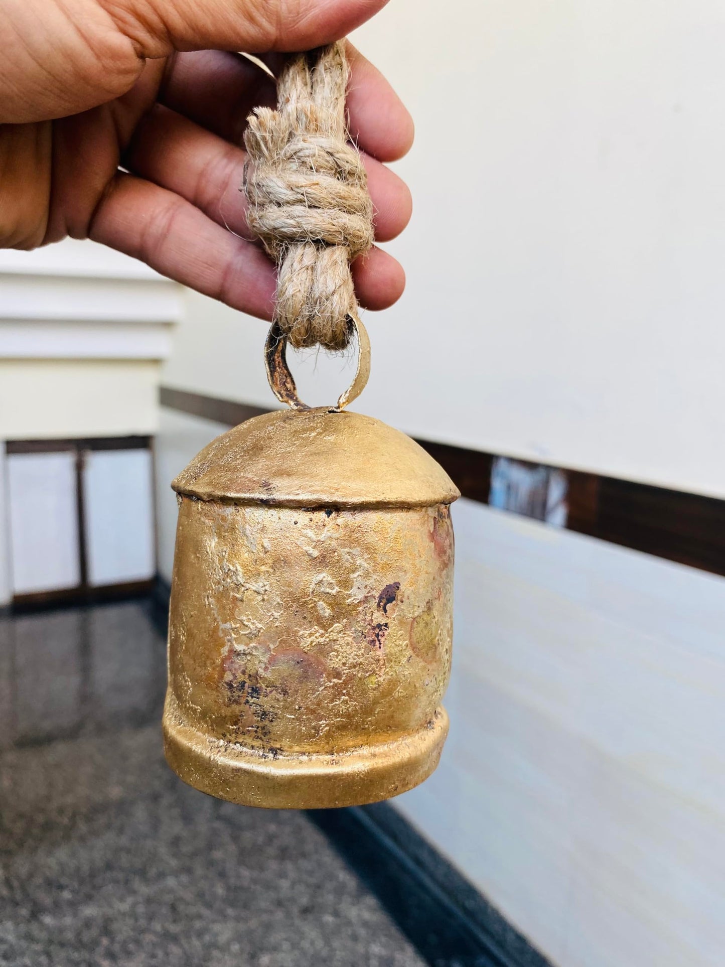 Christmas Bells Decor, Gold Hanging Bells for Christmas Decoration, Cow Bells Christmas Decor for Mantle, Set of 3 Rustic Shabby Chic Bells, Harmony farmghouse Bells.
