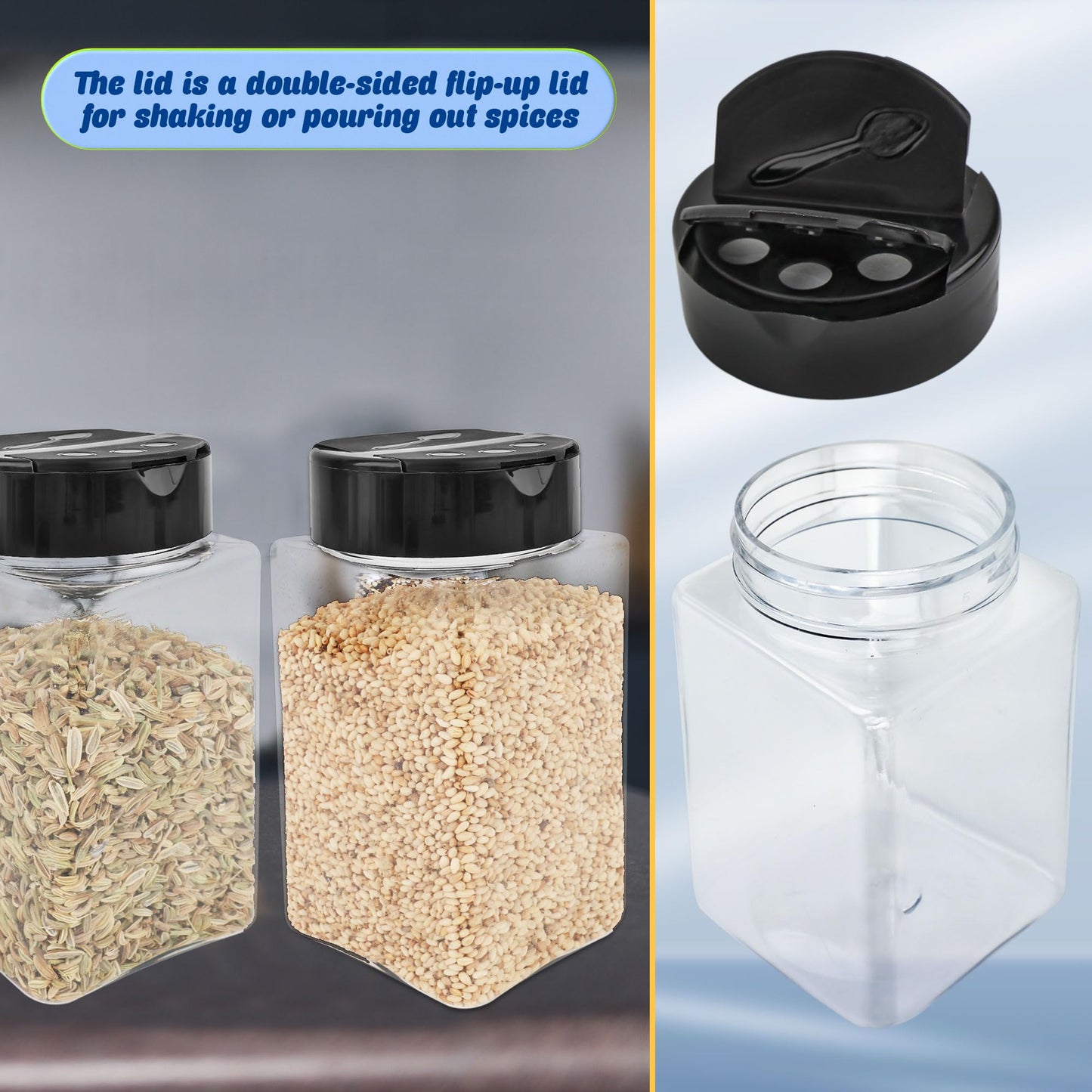 Conagel 36 Pack 9 oz Square Plastic Spice Jars with Black Lids Empty Seasoning Containers Plastic Storage Spice Bottles for Kitchen Peppers Salt