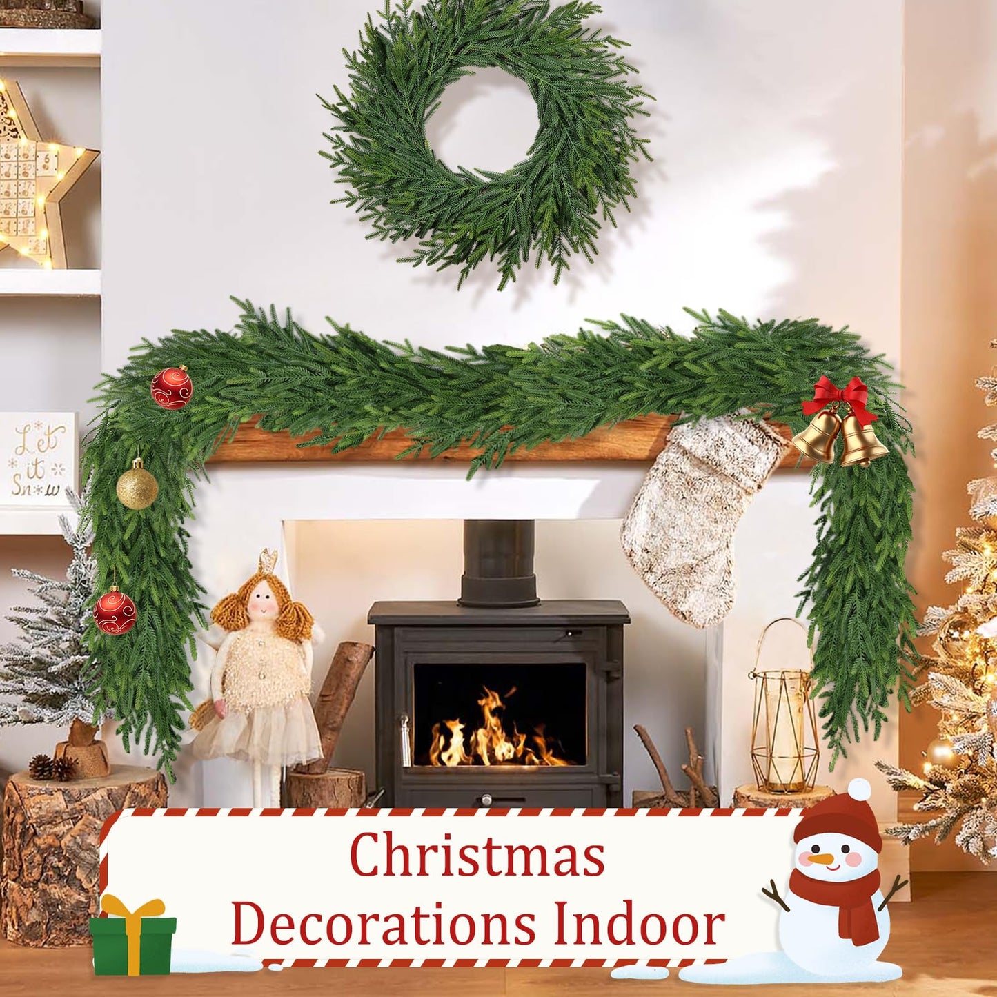 9Ft Christmas Garland for Staircase Railing Soft Bendable Real Touch Artificial Faux Evergreen Cedar Pine Mantle Garland for Fireplace Porch Table Home Yard Christmas Indoor Outdoor Decor(Real Pine)