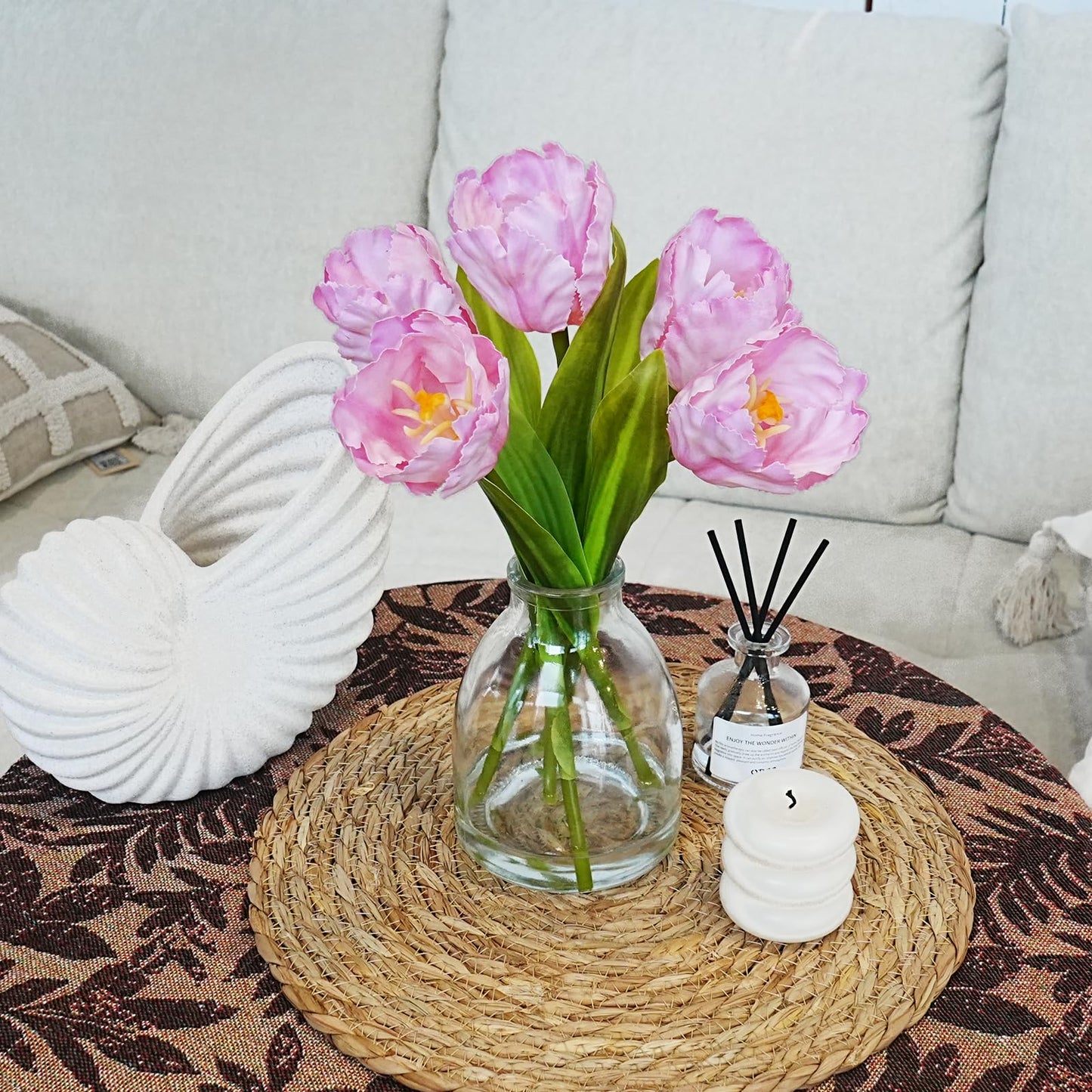 EVERLNESTIO 3D Printed Real Touch Artificial Flowers with Vase, 5 Pcs Pink Parrot Tulips Arrangement, Ruffled Edges Silk Tulip Floral Centerpieces for Dining Table, Home Office Aesthetic Room Decor