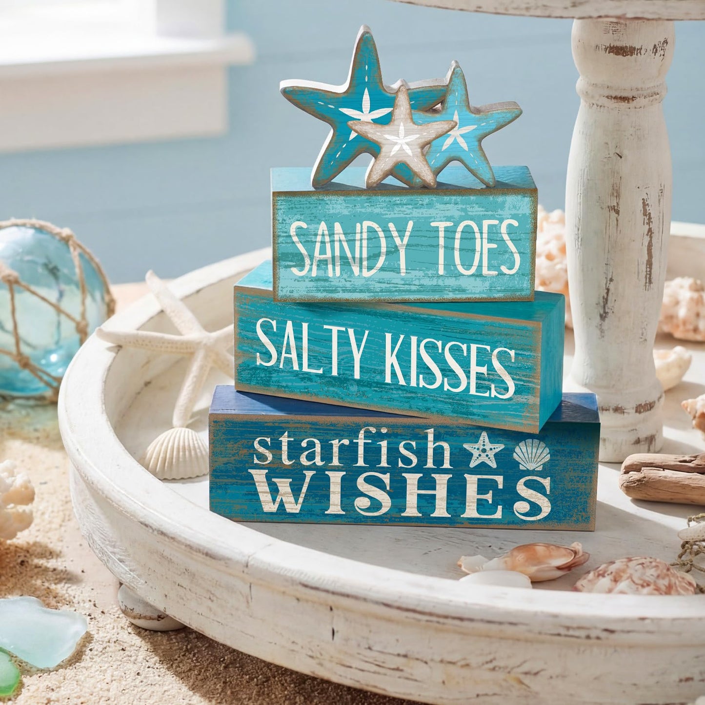 Yuntau 4 Pcs Summer Table Decorations Beach Tiered Tray Decor Starfish Coastal Rustic Wooden Block Sign Stacked Book Nautical Table Centerpiece for Farmhouse Home Living Room Office Desk Shelf Mantel