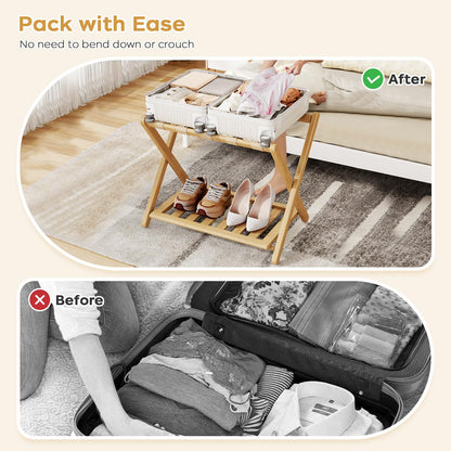 Oakvora Full Assembled 26.77"L Luggage Rack for Guest Room, Set of 2 Foldable Suitcase Stand with 5 Nylon Straps, Luggage Holder with Shoe Shelf for Suitcases Hotel (Natural Wood Bamboo Luggage Stands)