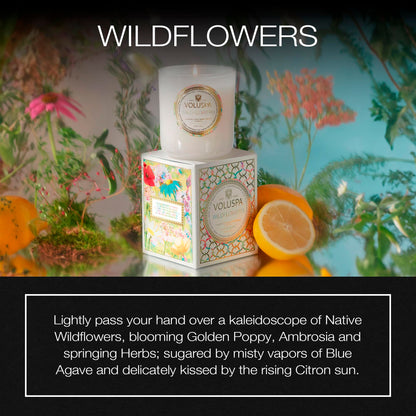 Voluspa Wildflowers, Classic Boxed Candle, 9.5 Ounce, 60 Hour Burn Time, Coconut Wax for Clean Burning, Handcrafted in the USA