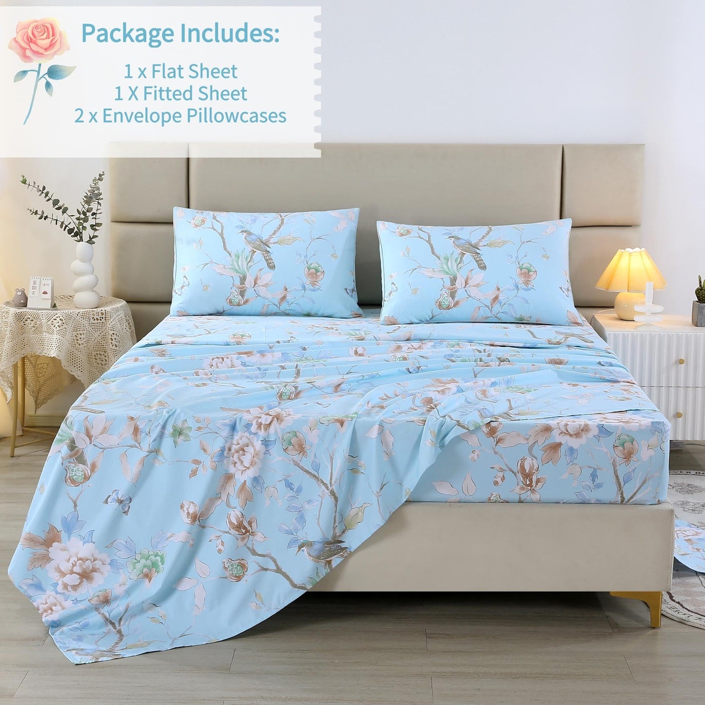 RYNGHIPY Egyptian Cotton Bed Sheet Set Blue Bird Botanical Pattern Bed Sheets Deep Pocket Fitted Sheet Tree Branches Print Bedding Soft Breathable (Light Blue,King Size)