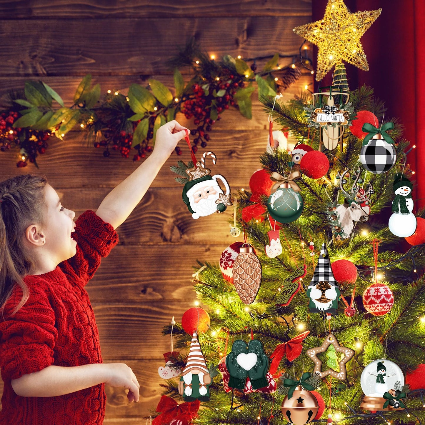 Huwena 40 Pcs Christmas Wooden Ornaments Winter Decorations for Xmas Tree Gingerbread Nutcracker Snowman Gnome Wood Cutouts for Small Tree Wreath Decor(Hunter Green,Winter Wonderland)