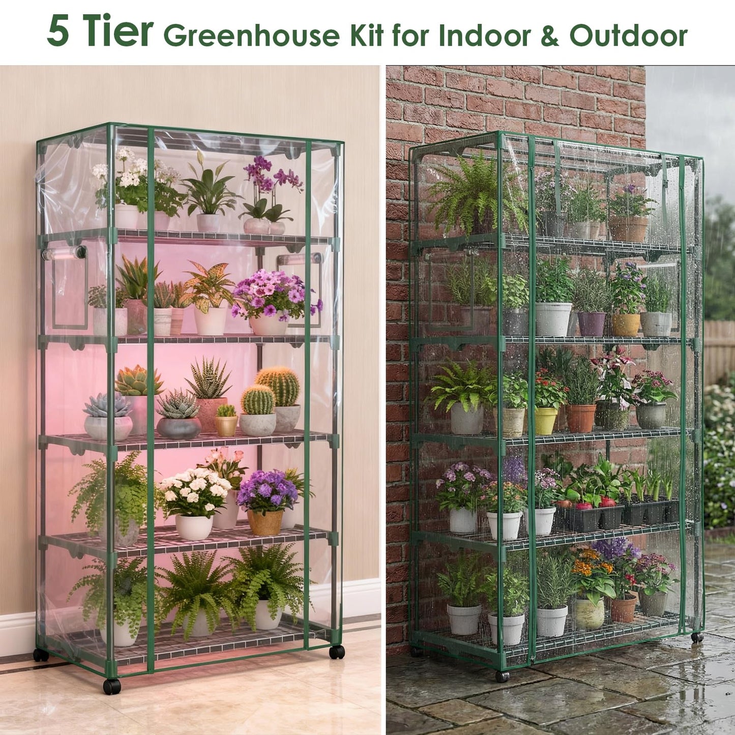 5 Tier Indoor Greenhouse with Grow Lights & Wheels & 2 Ventilation Windows , 36"x19"x70" Portable Green House Cabinet Kit with 5 Shelves Transparent PE Cover