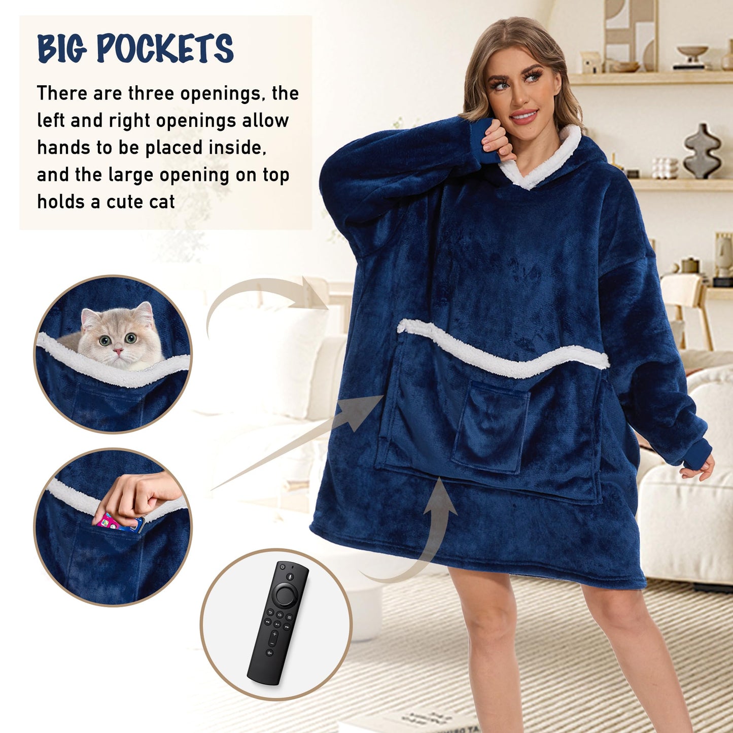 Wearable Blanket Hoodie,Oversized Cat Lovers Sweatshirt Blanket for Adult & Teens,Birthday Gifts for Women Men Mom Girl Boys,Cozy Fuzzy Sherpa Sweatshirt Blanket Giant Pocket Gifts