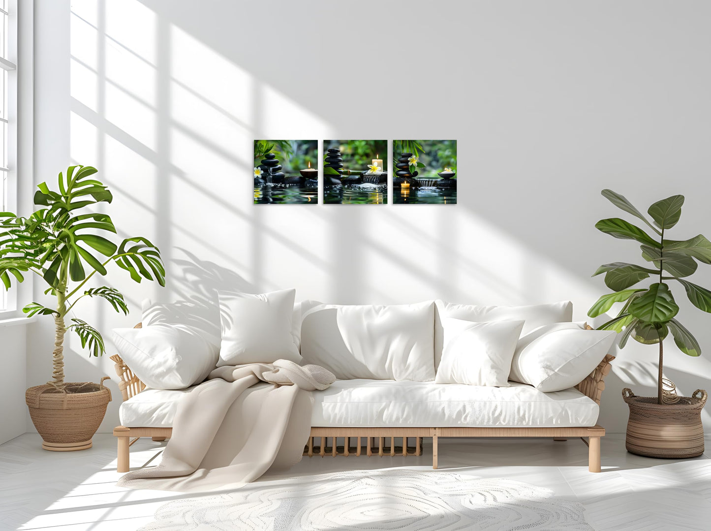 TutuBeer 3 Panels Zen Wall Art Zen Pictures for Bathroom Spa Stone Green Bamboo White Frangipani Flower Pictures Print on Canvas for Home Office Kitchen Wall Decor Stretched and Framed 12x12inchx3