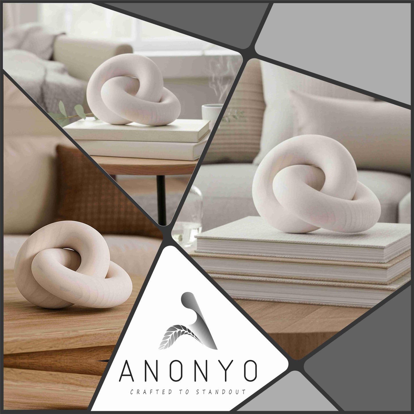 ANONYO Boho Wooden 2 Chain Links Decorative Object for Coffee Table & Shelf Matte Finish | Pine Wood Knot Sculpture | Rustic Modern Arch Décor for Living Room, Entryway, Console,Office Home (White)